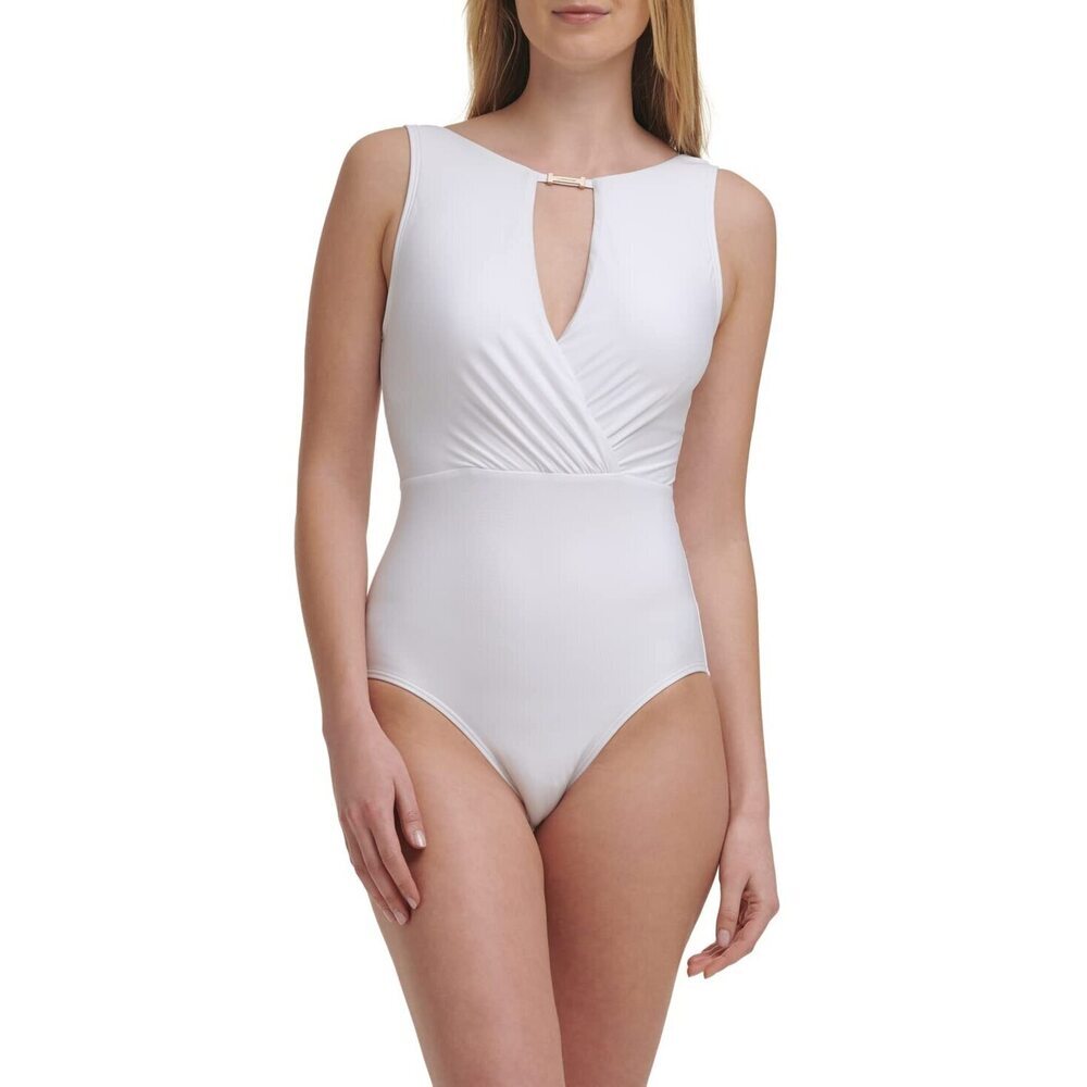 Calvin Klein Women's High-Neck One-Piece Swimsuit White 10